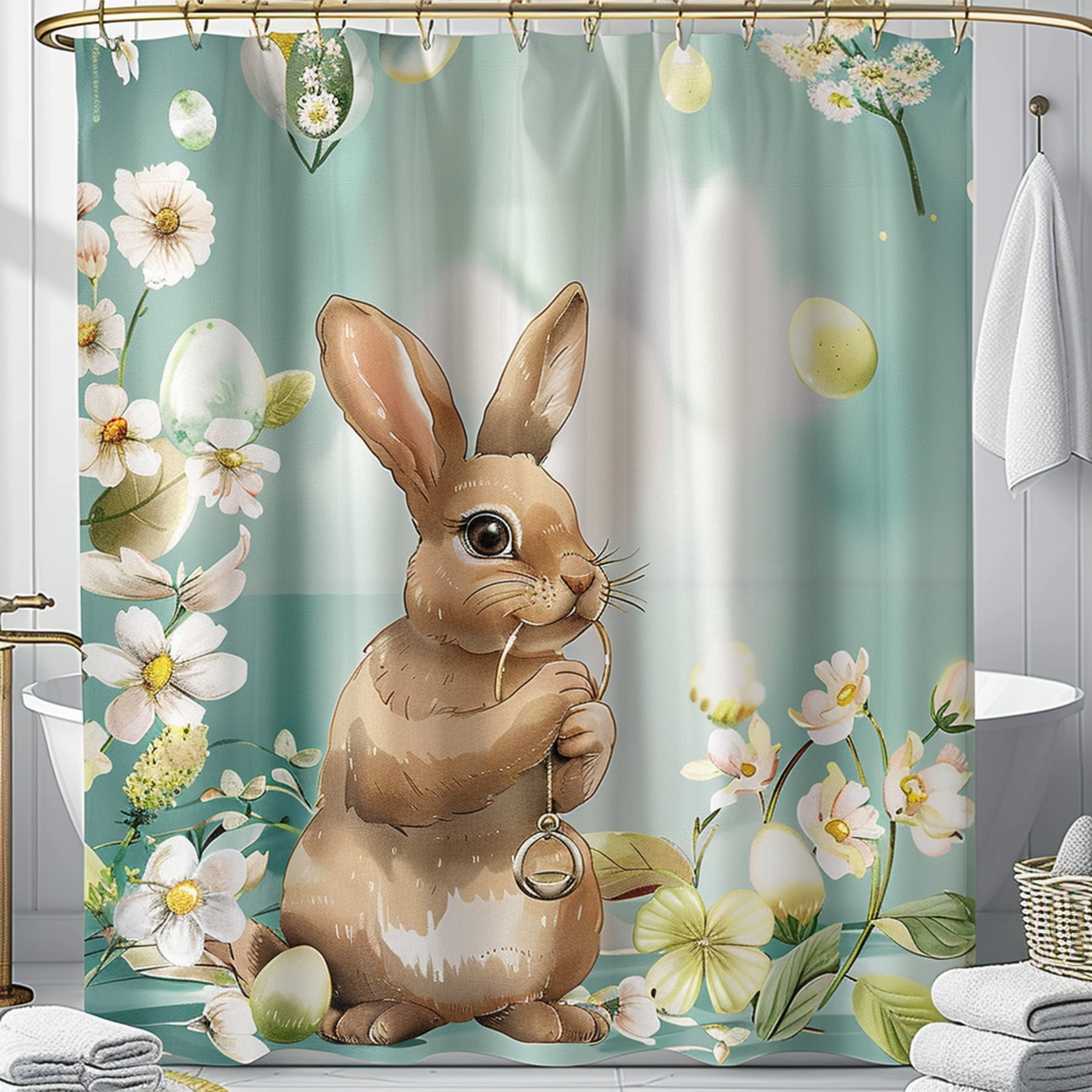 Easter Bunny and Flowers Shower Curtain Cute Brown Rabbit Digital Art ...