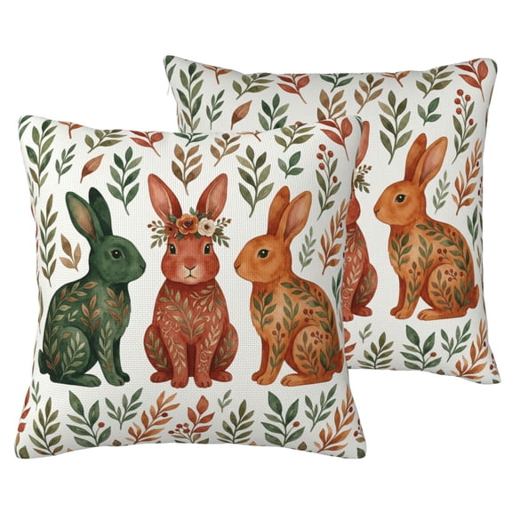 Easter Bunny Folk Art Faux Linen Pillow Covers Set of 2,16x16 Botanical Rabbit Throw Pillow Covers for Couch, Terracotta Green Rust Decorative Cushion Cases, Double-Sided Print