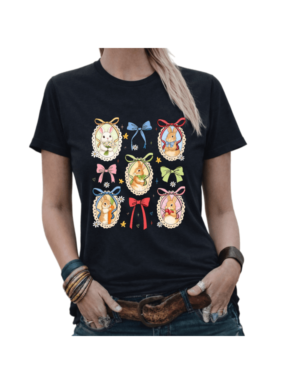 Easter Bunny Frames Bow Graphic Tees Womans Tshirt Shirts White/Black S-5XL Tops