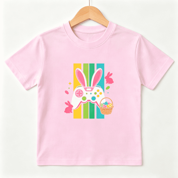 Easter Bunny Gamer Girls Graphic Tee, Cute Rabbit Controller 100% Cotton Kids Short Sleeve T-Shirt