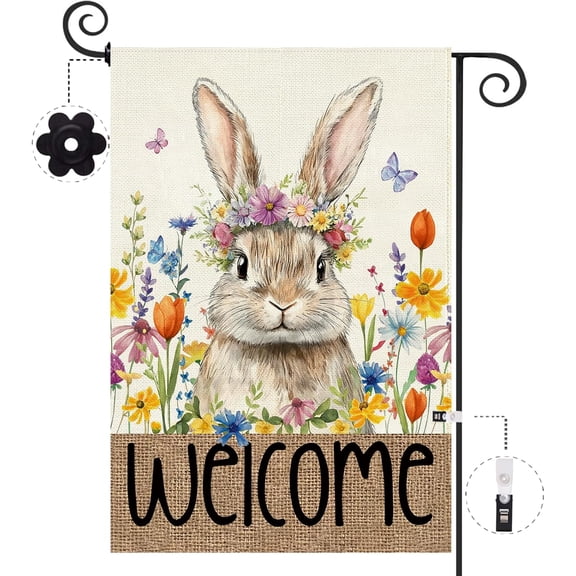 Easter Bunny Garden Flag 12.5x18 Inch Double Sided Outside,Easter Rabbit Rustic Spring Floral Flowers Welcome Holiday Yard Lawn Outdoor Flag Decoration