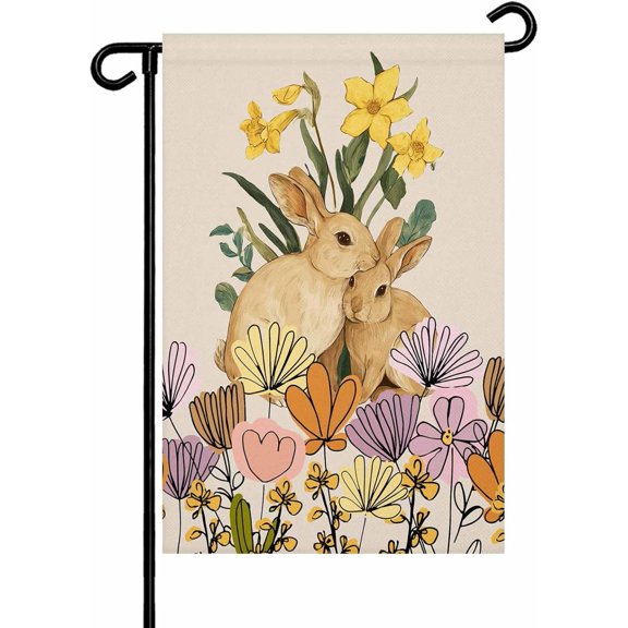 Easter Bunny Garden Flag 12x 18 Double Side, Spring Floral Vintage Botanical Rabbits Beige Garden Flags Outside House Flag Banner Welcome Yard Flag for Holiday Party Outdoor Decorations All Seasons