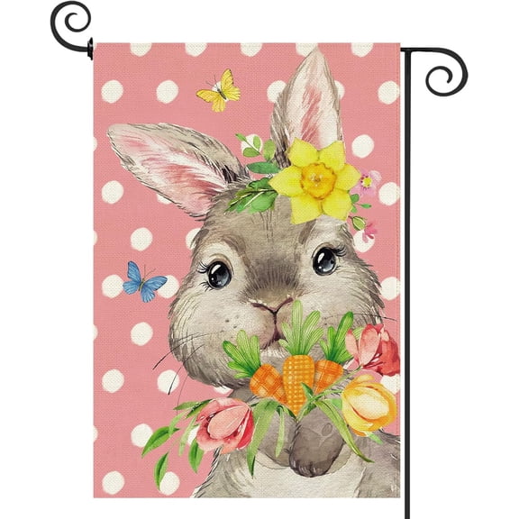 Easter Bunny Garden Flag 12x18 Inch, Pink Burlap Double Sided Polka Dot Easter Rabbit Tulips Flowers Carrots Small Spring Flag Seasonal Holiday Outdoor Decor