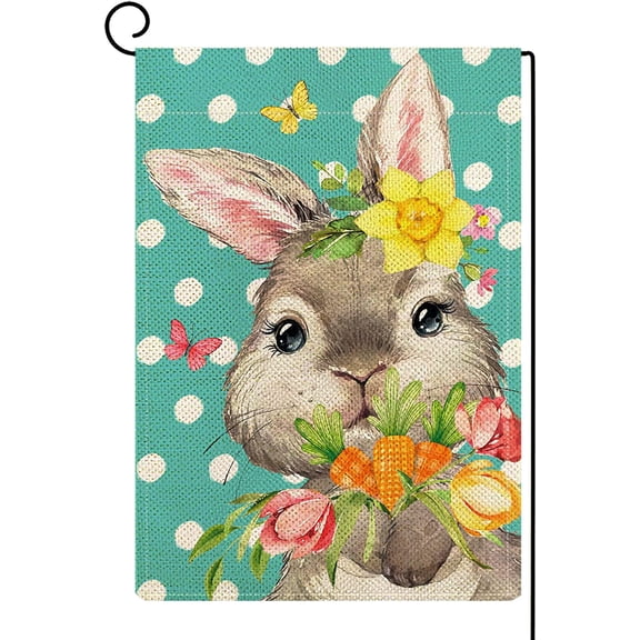 Easter Bunny Garden Flag 12x18Inch Burlap Double Sided Polka Dot Spring Easter Rabbit with Tulips Flowers and Carrots Flags Spring Summer Farmhouse Seasonal Outdoor Flag