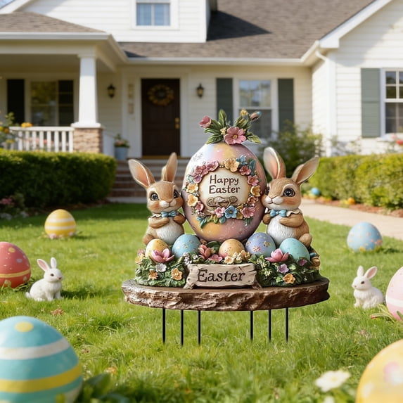 Easter Bunny Garden Insert, Easter Bunny Egg Outdoor Garden Yard Art, 11.8×7.8 Inch Waterproof Sun-Proof Holiday Landscaping Sign for Flower Bed Courtyard