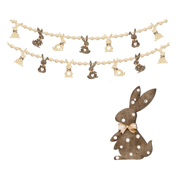 Easter Bunny Garland Cute Wooden Rabbit Beads Banner Brown Holiday Decorative Hanging Bunting Garland for Easter Birthday Home Mantel Fireplace Window Wall Decor