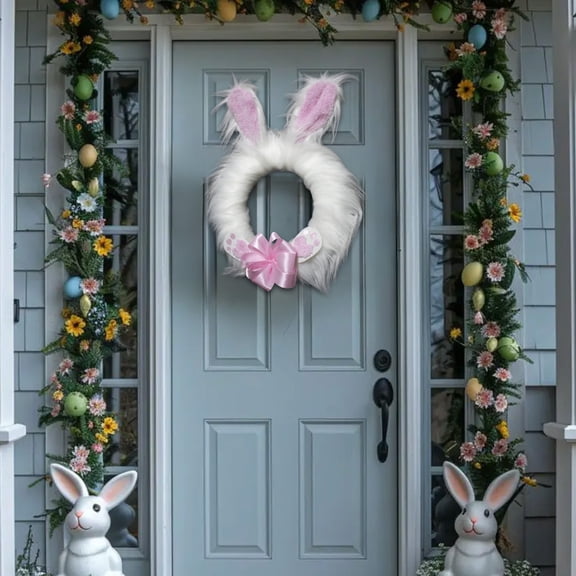 Easter Bunny Garland Wreath White Plush Polyester Easter Door Hanging Decoration Spring Home Decor Bunny Wreath Front Door Wall Mantel Window Party Festival Decor Gift Ornament