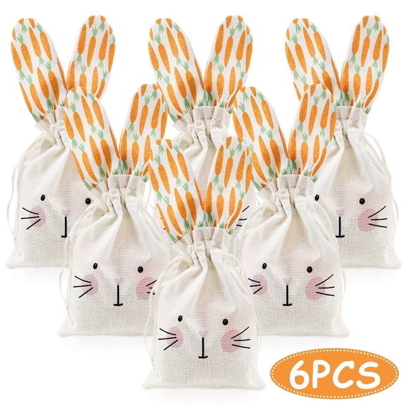 Easter Gift Bags Easter Burlap Goodie Bag with Drawstring Happy Easter Gift Bags, Rabbit Bunny Treat Bags Easter Party Favors Bags Decor Tea Party Supplies 6 PCS