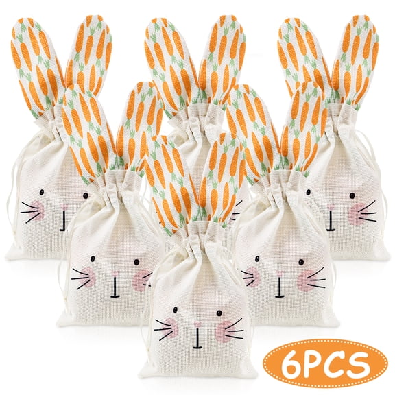 Easter Bunny Gift Bags Easter Burlap Goodie Bag with Drawstring Happy Easter Gift Bags, Rabbit Bunny Treat Bags Easter Party Favors Bags Decor Tea Party Supplies 6 PCS