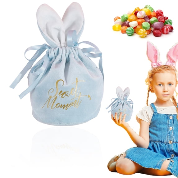 Easter Bunny Gift Bags,Flannel Bunny Ears Easter Bags with Drawstring for Easter Party Decorations Cookie Snack Packing, 43.5 oz, 1PC (Light Blue)