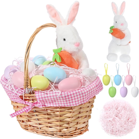 Easter Bunny Gift Basket  Include Wicker With Liner Gingham Plush Rabbit Eggs Raffia Paper Grass Gifts For Picnic Party Decoration(pink)