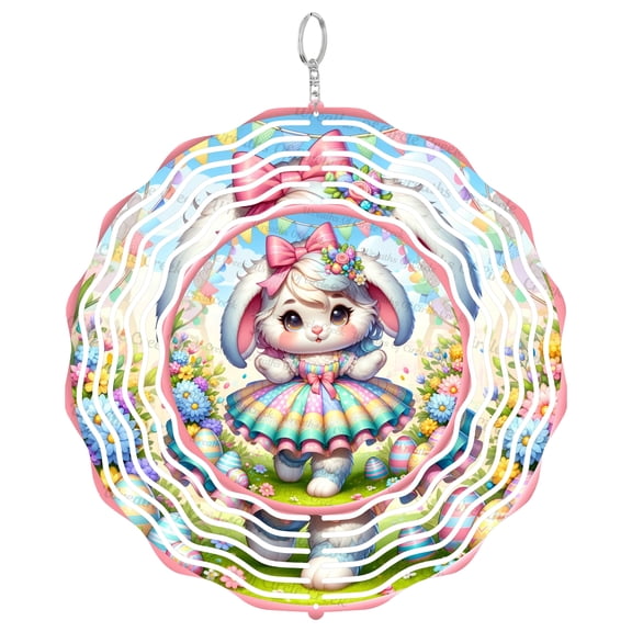 Easter Bunny Girl Pastel Rainbow Floral 3D Wind Spinner, UV Printed Tinplate Hanging Ornament, Kids Easter Gift,