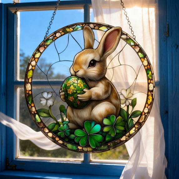 Easter Bunny Glass Suncatcher – Lucky Clover Rabbit Window Hanging ...