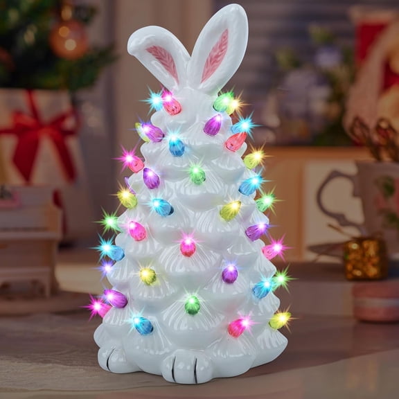 Easter Bunny Glowing Tree, 6 Inch Cute Ceramic Tree Bunny Decorations for The Home Indoor Bedroom Office Decor Tabletop