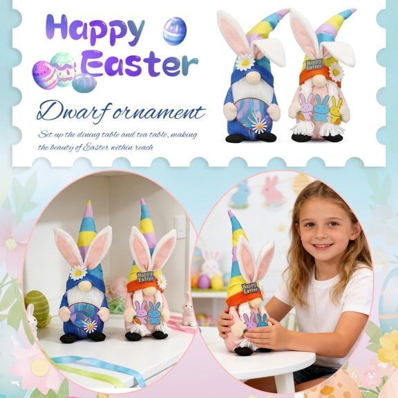Easter Bunny Gnome Decor Set Of 2, 2-Pack Festive Tabletop Figurines With Rainbow Hats & Floral Details, Ideal For Spring Home Decoration