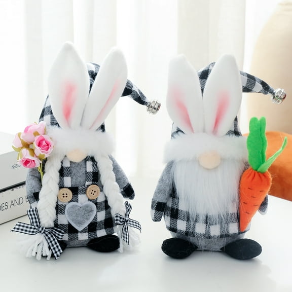 Easter Bunny Gnome Plush Decorations, 2Pcs Black & White Buffalo Plaid Easter Gnome, Mr and Mrs Handmade Swedish Bunny Tomte, Farmhouse Spring Tiered Tray Decor Easter Gifts Easter Decorations
