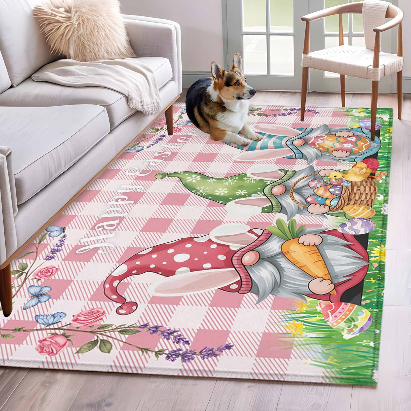 Easter Colors Rag Rug Easter Bunny Gnomes Area Rug 4x6 Washable Rug Non Slip Spring Easter ...