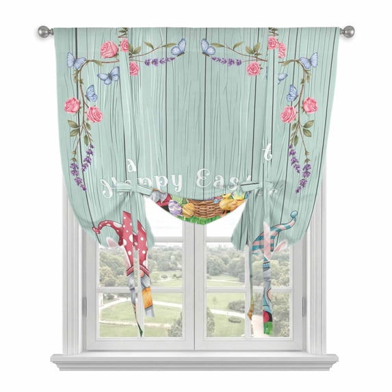 Easter Bunny Gnomes Balloon Curtains for Bedroom/Front Door/Bathroom, Spring Easter Eggs Floral Teal Wood Tie Up Curtains 63 Inch Length Light Filtering Kitchen Curtains Shades for Windows 46"x63"