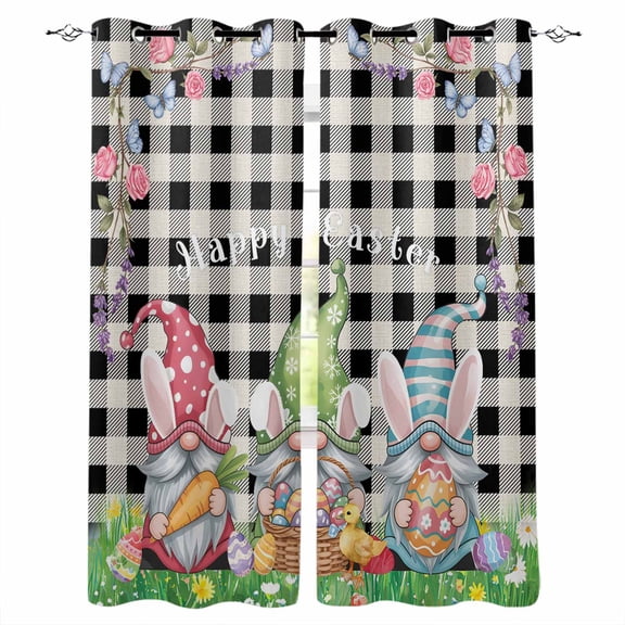 Easter Bunny Gnomes Black Out Curtains 63 Inch Long, Room Darkening Draperies Curtains Panels, Spring Easter Eggs Floral Black Plaid Thermal Insulated Curtain for Bedroom Living Room 52"x63" 2 Panels