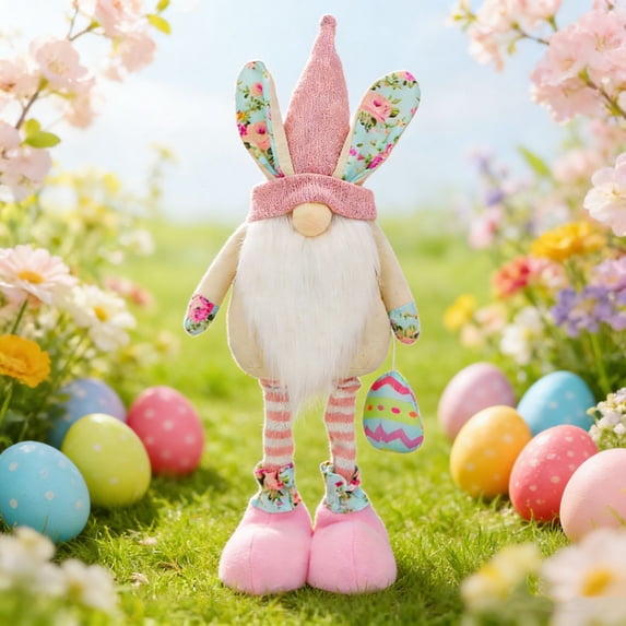 Easter Bunny Gnomes with Long Legs Plush Gifts,Lovely Tray Party Table Decor Scandinavian Elf Tomte Figurines, Spring Holiday Ornament Large Standing Dwarf Gnomes for Home