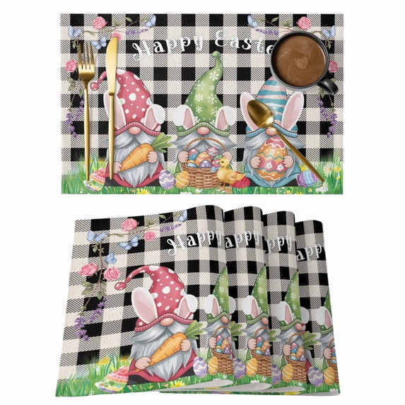 Easter Bunny Gnomes Placemats Set of 4, Spring Easter Eggs Floral Black Plaid Placemats for Dining Table, Place Mats for Kitchen Tabletop, Waterproof Wipeable Dining Table Mats Set