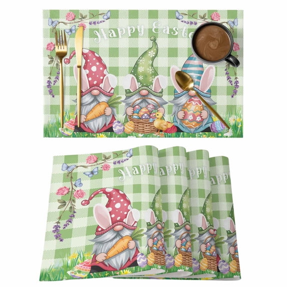 Easter Bunny Gnomes Placemats Set of 4, Spring Easter Eggs Floral Sage Green Plaid Placemats for Dining Table, Place Mats for Kitchen Tabletop, Waterproof Wipeable Dining Table Mats Set