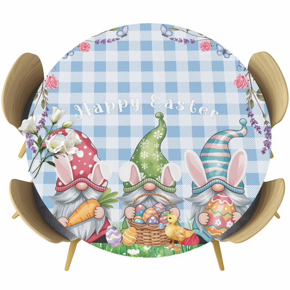 Easter Bunny Gnomes Round Tablecloth, Fitted Table Cover with Elastic for 36"-44" Round Tables, Spring Easter Eggs Floral Blue Plaid Table Cloth Outdoor Indoor Dinning Party Waterproof Tablecloths