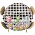 thumbnail image 1 of Easter Bunny Gnomes Round Tablecloth, Fitted Table Cover with Elastic for 55"-60" Round Tables, Spring Easter Eggs Floral Black Plaid Table Cloth Outdoor Indoor Dinning Party Waterproof Tablecloths, 1 of 7