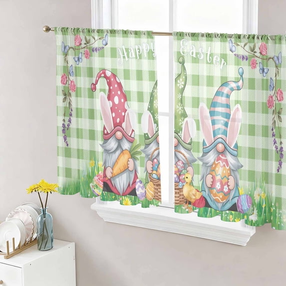 Easter Bunny Gnomes Sheer Curtains 54 Inch Length 2 Panels Set Window Treatments, Spring Easter Eggs Floral Sage Green Plaid Rod Pocket Semi Curtains for Living Room/Bedroom/Kitchen, 104"W x 54"L