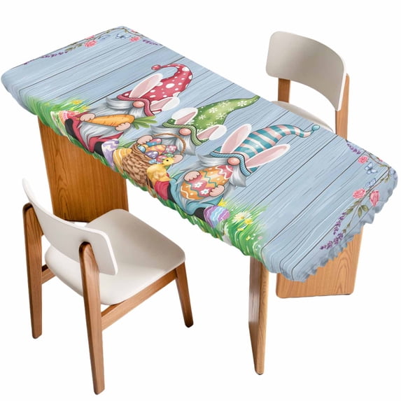 Easter Bunny Gnomes Table Cloths for 8 Foot Rectangle Tables, Spring Easter Eggs Floral Blue Wood Patio Waterproof Elastic Fitted Tablecloths, Washable Rectangular Table Cover for Camping