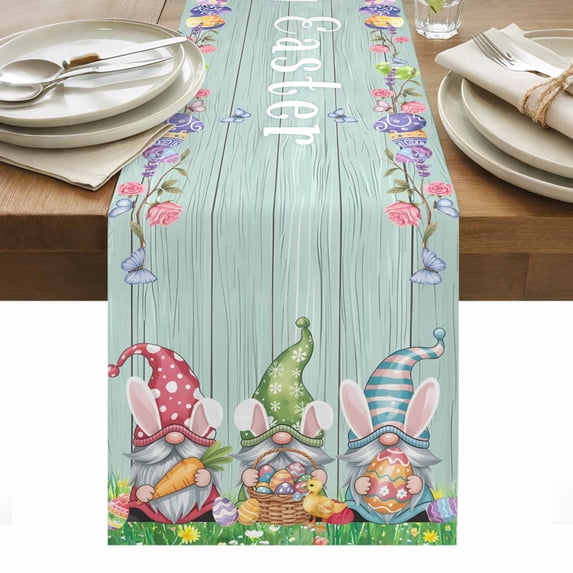 Easter Bunny Gnomes Table Runner - 120 Inch Long, Kitchen Dining Table Runner Dresser Scarves, Spring Easter Eggs Floral Teal Wood Farmhouse Decor for Coffee Tables Wedding Party Banquet