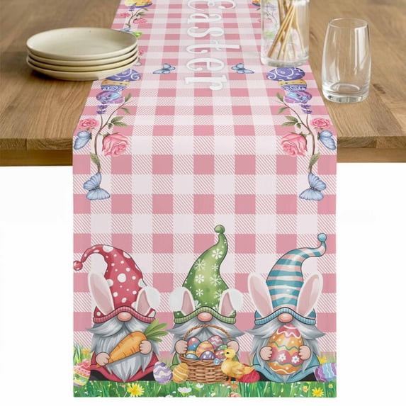Easter Bunny Gnomes Table Runner - 60 Inch Long Spring Easter Eggs Floral Pink Plaid Cotton and Linen Blended Dress Scarves Farmhouse Table Runner for Kitchen Dining, Coffee Table, 13" x 60"