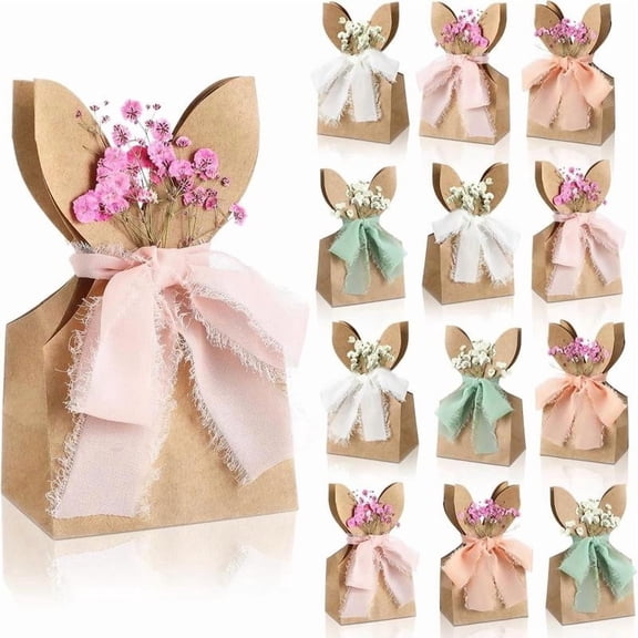 Easter Bunny Goodie Bags 12pcs Boho DIY Paper Gift Boxes with Bow Ribbon & Artificial Flowers | Easter Decorations for Spring Party Favors, Classroom Treats & Gift Giving