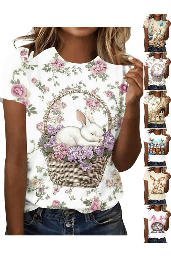 Easter Bunny Graphic T-Shirt for Women Novelty Rabbit Ear Hat Print Short Sleeve Crewneck Loose Fit Festive Holiday Gift Soft Breathable Tee Top