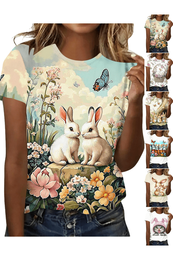 Easter Bunny Graphic T-Shirt for Women Novelty Rabbit Ear Hat Print Short Sleeve Crewneck Loose Fit Festive Holiday Gift Soft Breathable Tee Top