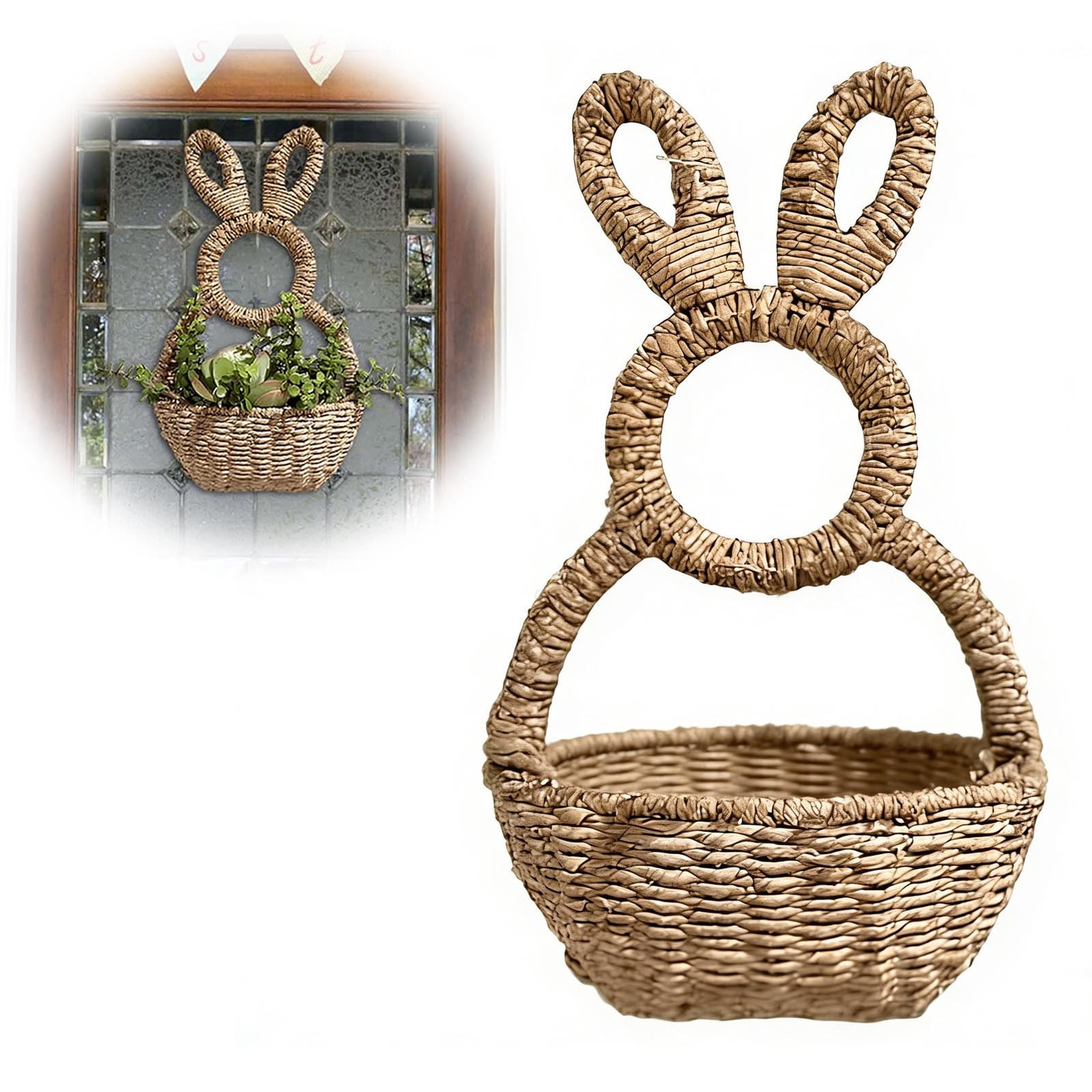 Easter Bunny Hanging Basket Wall Decor, Plastic Hanging Planter for Indoor & Outdoor Use, Large Decorative Bunny Basket for Easter Eggs, Flowers & Gifts, Spring Home Decor