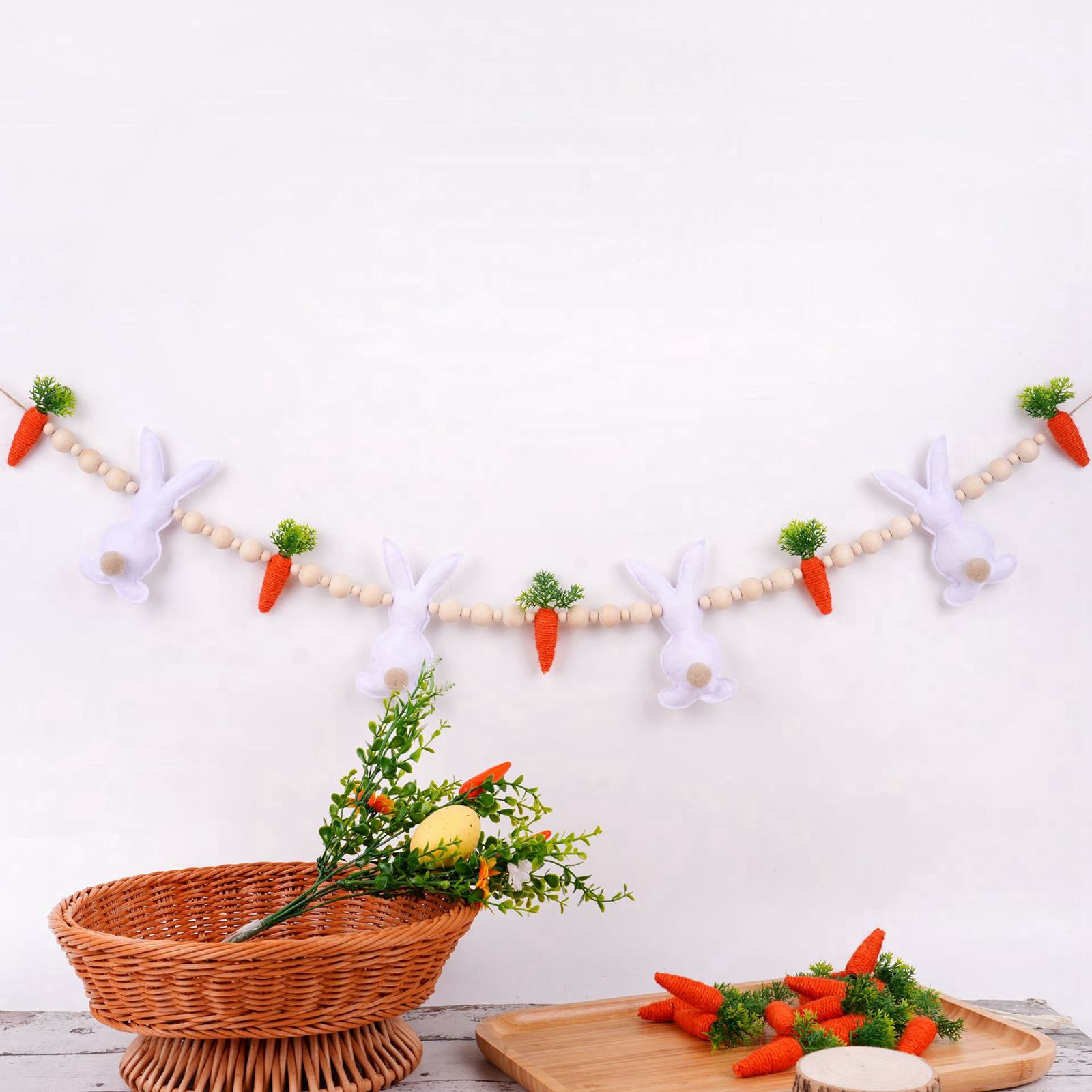 Easter Bunny Hanging Garland with Carrot & Wooden Beads, 4.3 Ft Felt ...