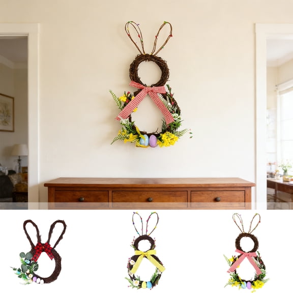 Easter Bunny Head Artificial Wreath, 3D Bunny Ear Faux Greenery Wreath, Lightweight Hanging Decor for Front Door Wall Window Easter Spring Home Decor, B