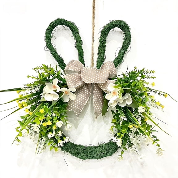 Easter Bunny-Head Shaped Wreaths Artificial Grapevine Wreath Magnolia Wildflowers Polka Dot Bow Wreath for Spring Farmhouse Holiday Wall Decor