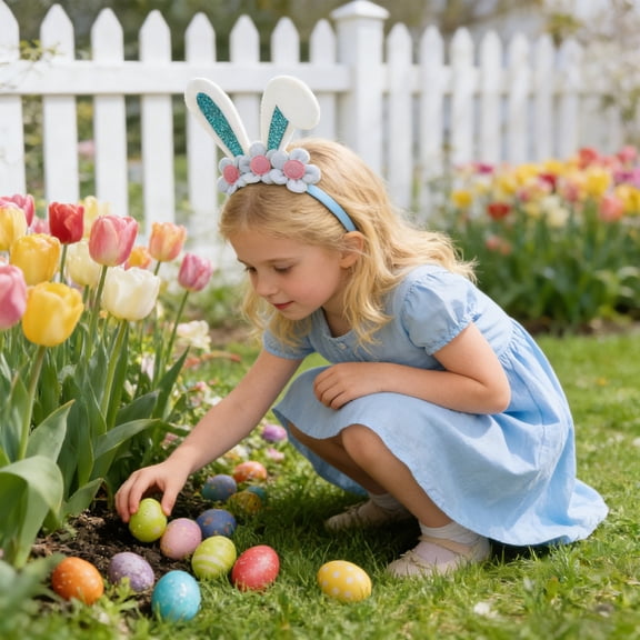 Easter Bunny Headbands, Staron Blue Glitter Floppy Hare Ears Hair Band, Non-Slide Soft Comfort Headwear for Women Girls Kids Easter Party Decoration