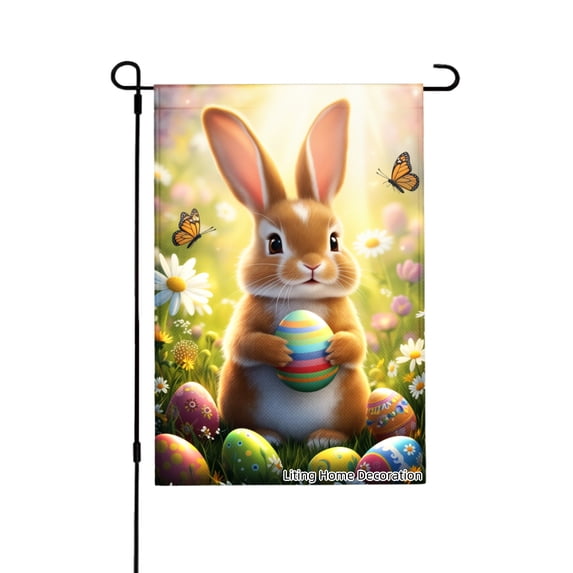 Easter Bunny Holding Colorful Egg With Butterflies And Flowers Garden Flag For Home Outdoor Garden Yard Decor 12x18 Inch