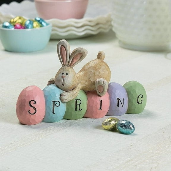 Easter Bunny Holding Eggs and Happy Desktop Decorations, Resin Easter Bunny Rabbits Figurine Tabletop Centerpiece for Spring Decor Easter Home Office Party Decor