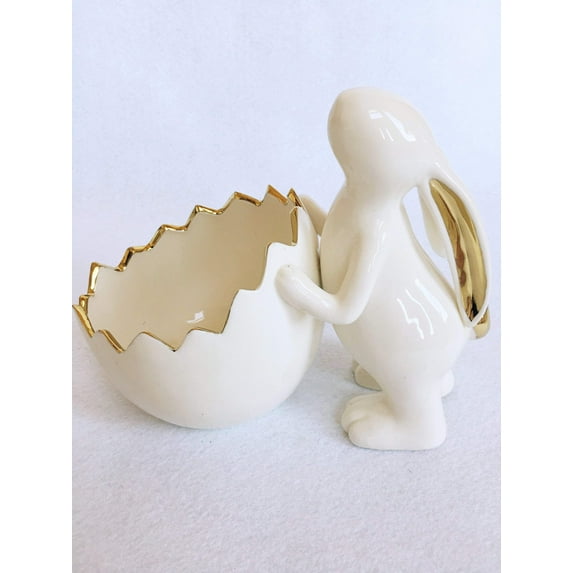 Easter Bunny Holding Open Easter Egg Ceramic Dish