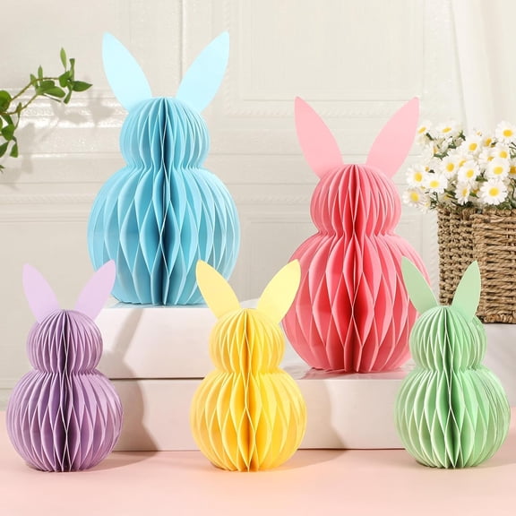 Easter Bunny Honeycomb Centerpieces 3D Paper Rabbit Decorations With Magnet 5 Pieces Set Pastel Table Ornaments For Home Office Kitchen Easter Party Supplies