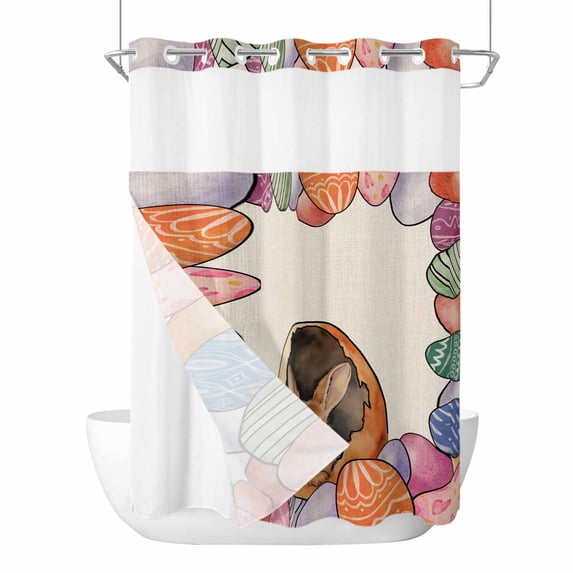 Easter Bunny No Hooks Shower Curtain with Snap-in Liner Rabbit Colorful Eggs Retro Linen Shower Curtains for Bathroom, Waterproof, Easy Install, Washable 72"x96"
