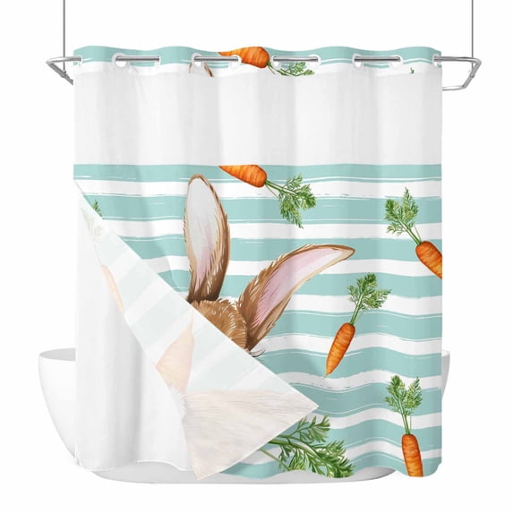 Easter Bunny No Hooks Shower Curtain with Snap-in Liner Watercolor Brown Rabbit Eating Carrots Teal Stripes Shower Curtains for Bathroom, Waterproof, Easy Install, Washable 72"x78"