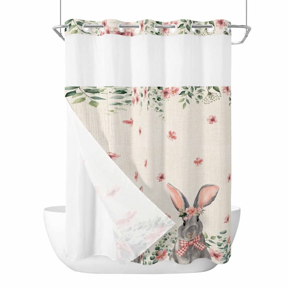 Easter Bunny No Hooks Shower Curtain with Snap-in Liner Watercolor Spring Red Floral Green Eucalyptus Leaves Cute Animal Linen Texture Shower Curtains for Bathroom, Waterproof, Washable 72"x96"