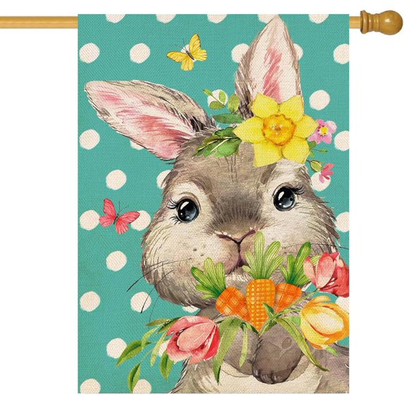 Easter Bunny House Flag 28x40Inch Burlap Double Sided Polka Dot Spring Easter Rabbit with Tulips Flowers and Carrots Flags Spring Summer Farmhouse Seasonal Outdoor Flag
