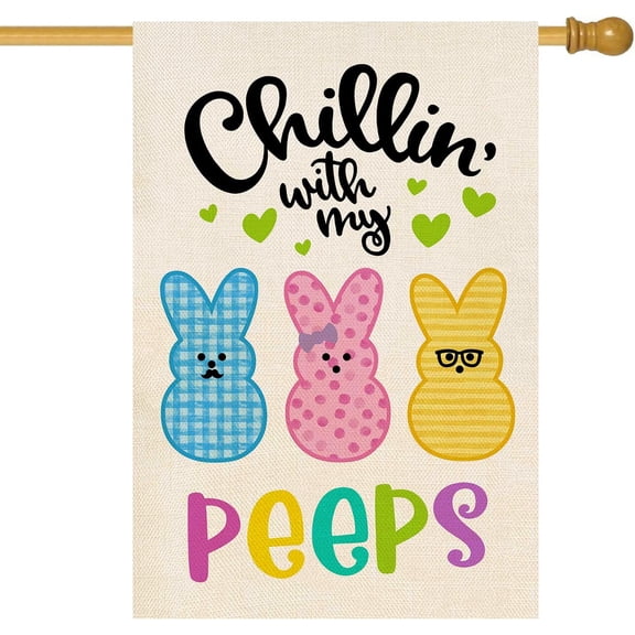 Easter Bunny House Flag Double Sided Chillin with My Peeps Buffalo Plaid Cute Rabbit Burlap House Flags for Spring Holiday Yard Outdoor Outside Decoration 28x40 Inch(Large))