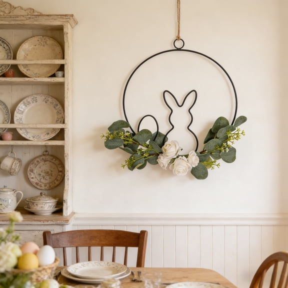 Easter Bunny Iron Ring, Metal Bunny Wreath Frame, Holiday, Home Decoration, Spring Rabbit Metal Ring, Wall Hanging Bunny Ring, Decorative Iron Circle with Rabbit, Easter Wire Bunny Hoop